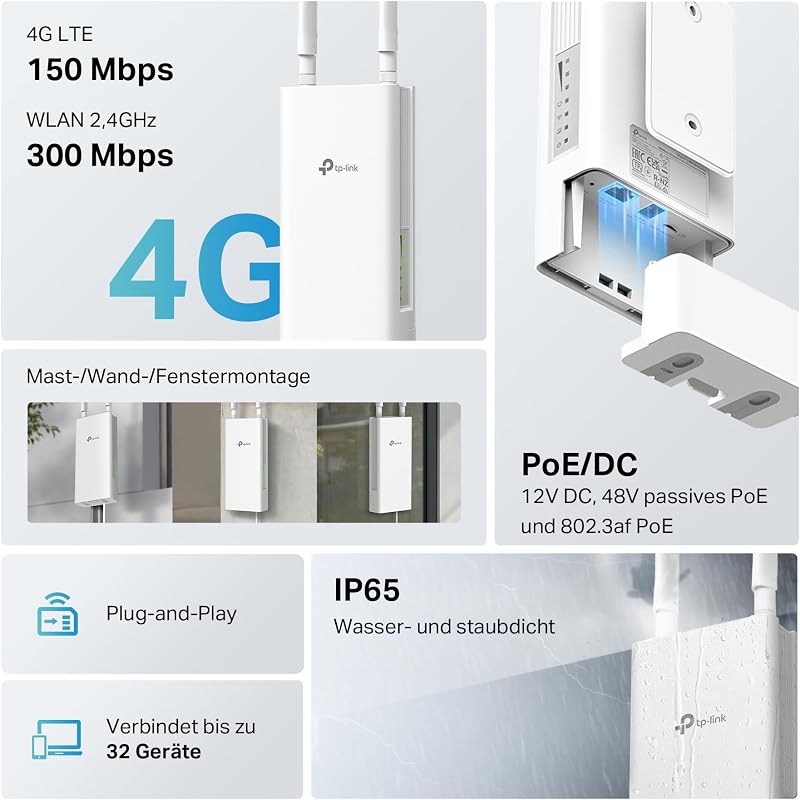 TL-MR110-Outdoor 4G LTE Router, WLAN Router SIM Karte, 4G Cat 4 bis zu 150 Mbit/s, 2,4 GHz WLAN bis 300 Mbit/s, PoE/DC-Stromversorgung, IP65, Betriebstemperatur -30℃ bis +60℃