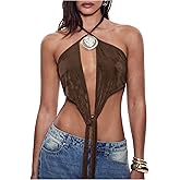 OYOANGLE Women's Metal Decor Criss Cross Halter Crop Top Sleeveless Tie Front Backless Y2K Going Out Tops
