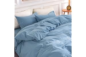 NEXHOME PRO Duvet Cover Set Kids Twin Size Linen Look Textured Organic Natural 100% Washed Cotton Duvet Cover Blue 2 Pieces Bedding Set with Zipper Closure, Corner Ties, Breathable (No Comforter)