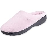 isotoner womens Terry and Satin Slip on Cushioned Slipper With Memory Foam for Indoor/Outdoor Comfort