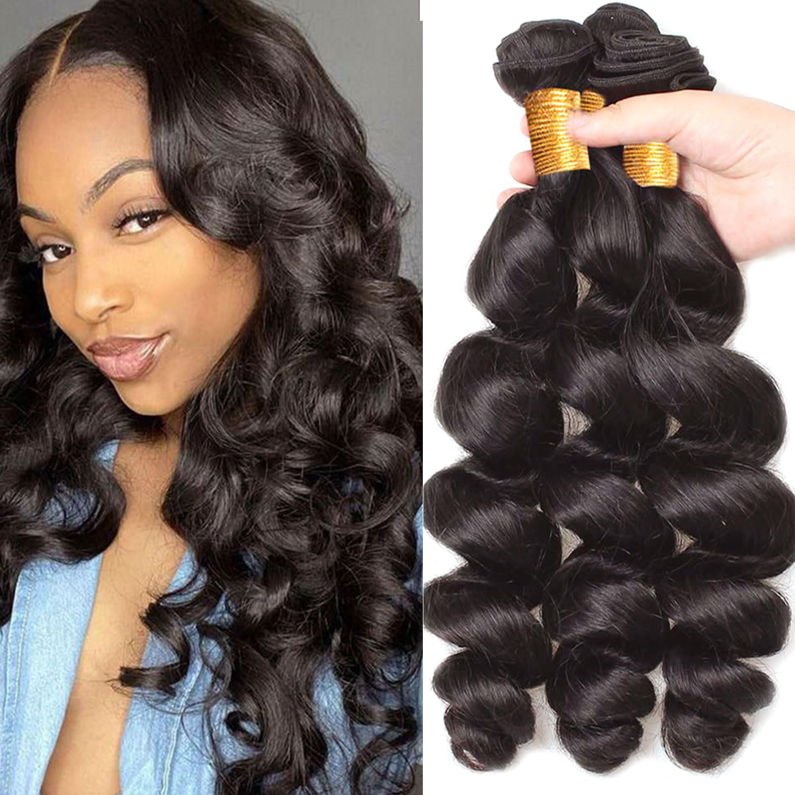 Huarisi Brazilian Loose Wave Human Hair 3 Bundles 12 14 16 Inch Real Hair 10A Remy Hair Extensions 100% Unprocessed Wet and Wavy Weave Human Hair for Full Head Natural Color โ image 1