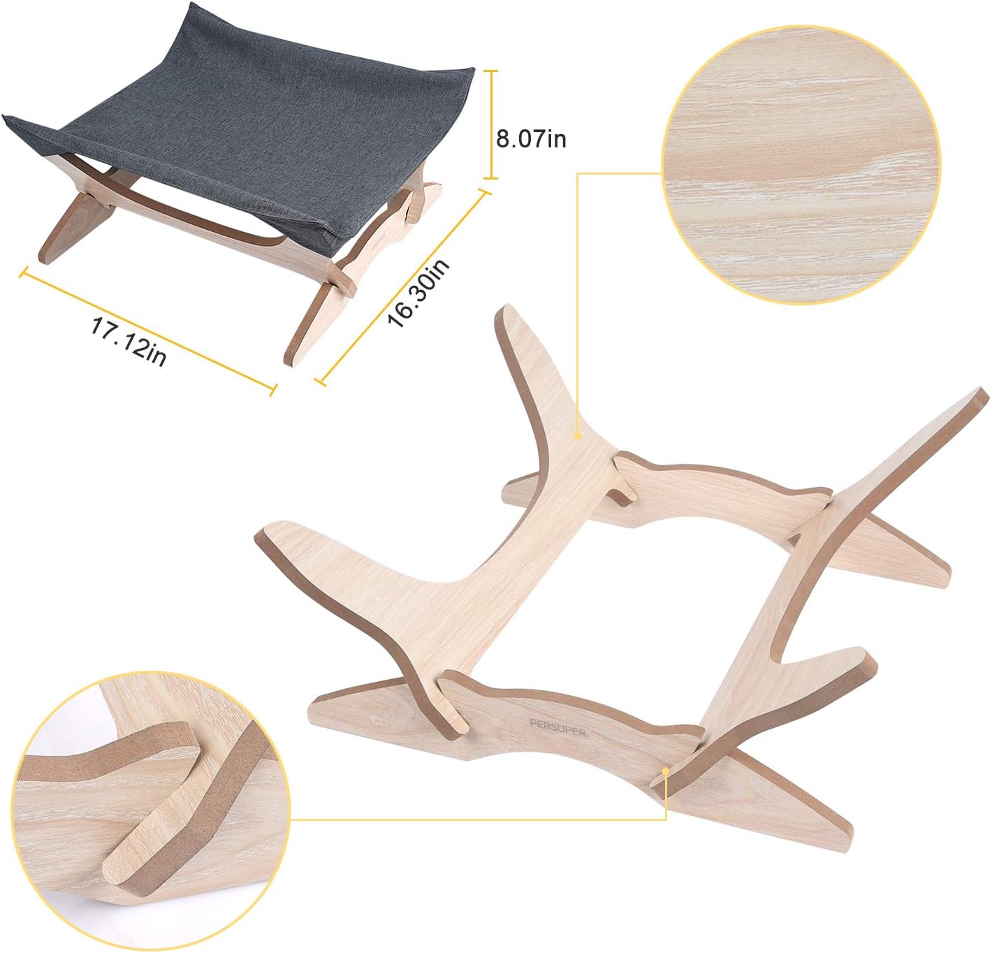 Elevated Cat Beds Cat Hammock Pet Cots Small Dog Beds Wooden Detachable Wooden Frame Square Hanging Cat Sofa Pet Furniture Sleeping Washable for Rabbit Cat Kitten Puppy Indoor/ Outdoor Sunshine grey : Pet Supplies