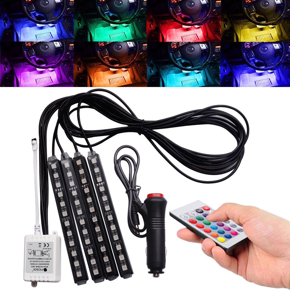 Car LED Strip Light,FICBOX （Upgraded）4Pcs 48 LEDs Multi-Color Car Interior Light,Auto Atmosphere Lights Strip Waterproof Glow Neon Lighting Kit with Wireless Remote Control and Car Charger