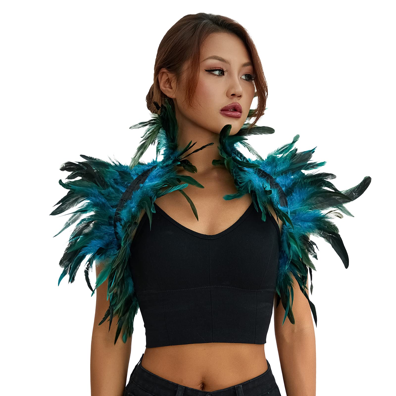 ESSECMBS Womens Natural Feather Cape Costume Gothic Lacing Shawl Shrug Collar Feather Cloak for Halloween Cosplay Christmas Party (Lake Blue, Standard)