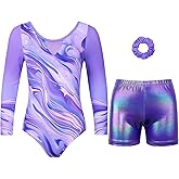 JOYSTREAM Gymnastics Leotards for Girls With Shorts Sparkly Ballet Dance Long Printed Sleeve Outfit