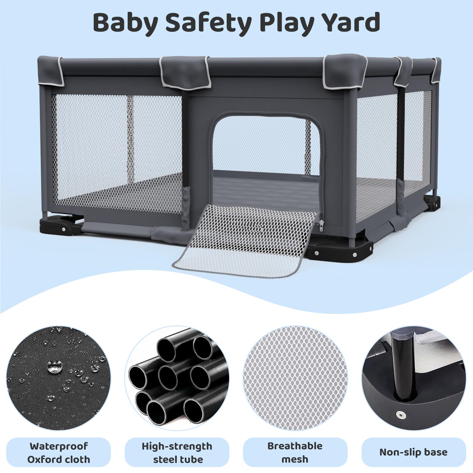 Grobeybees Foldable Baby Playpen with Mat, Foldable Playpen for Babies and Toddlers, Folding Portable Kids Play Pen, Collapsible Play Yard with 2 Handles + Suitable Size Mat(Grey, 50x50 inches)