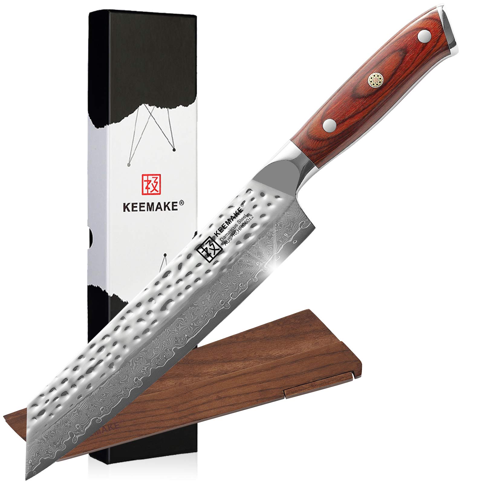 KEEMAKE Chef Knife 8 inch, Kiritsuke knife with Hammered Damascus Steel ...