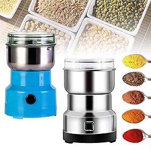 Multifunction Smash Machine Grinder Household Electric Grain Grinder Ultra Fine Dry Food Coffee Bean Grinder Seasonings Spices Mill Powder for Cereal/Spice/Herb/Cereal/Beans/Pet Food Blue+Silver