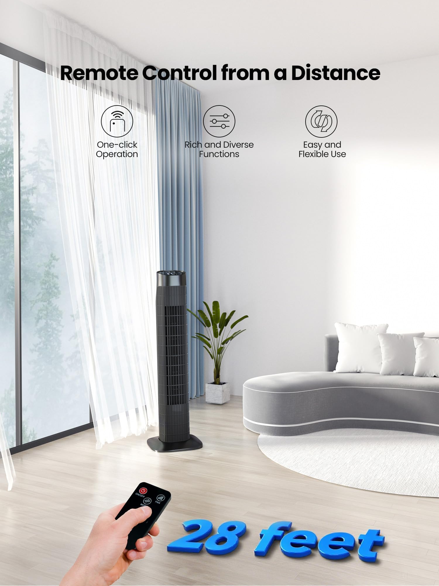 Uthfy 31 Inch Tower Fan for Bedroom, 120° Oscillating Quiet Standing Bladeless Fan With Remote, 7.5H Timer, 3 Speeds, 3 Modes, for Room, Dorm, Office, Black