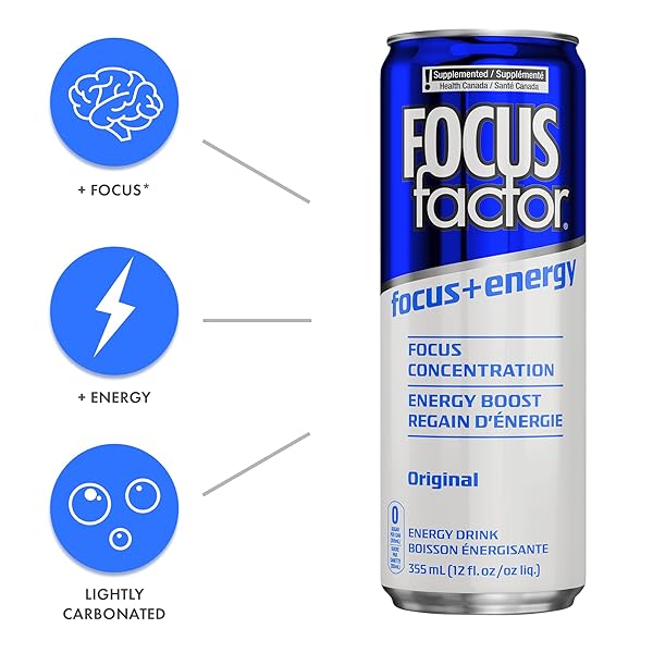 FOCUS FACTOR ENERGY DRINK – 12 X 355ML CANS (ORIGINAL FLAVOUR) – WITH FOCUS + ENERGY – LIGHTLY CARBONATED, SUGAR FREE, LOW CALORIE WITH VITAMIN B6 & VITAMIN B12