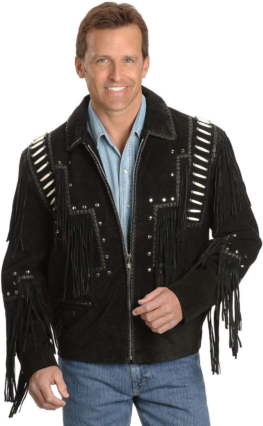 Liberty Wear Men's Bone Fringed Suede Leather Jacket Big and Tall - 483-Tobacco_X