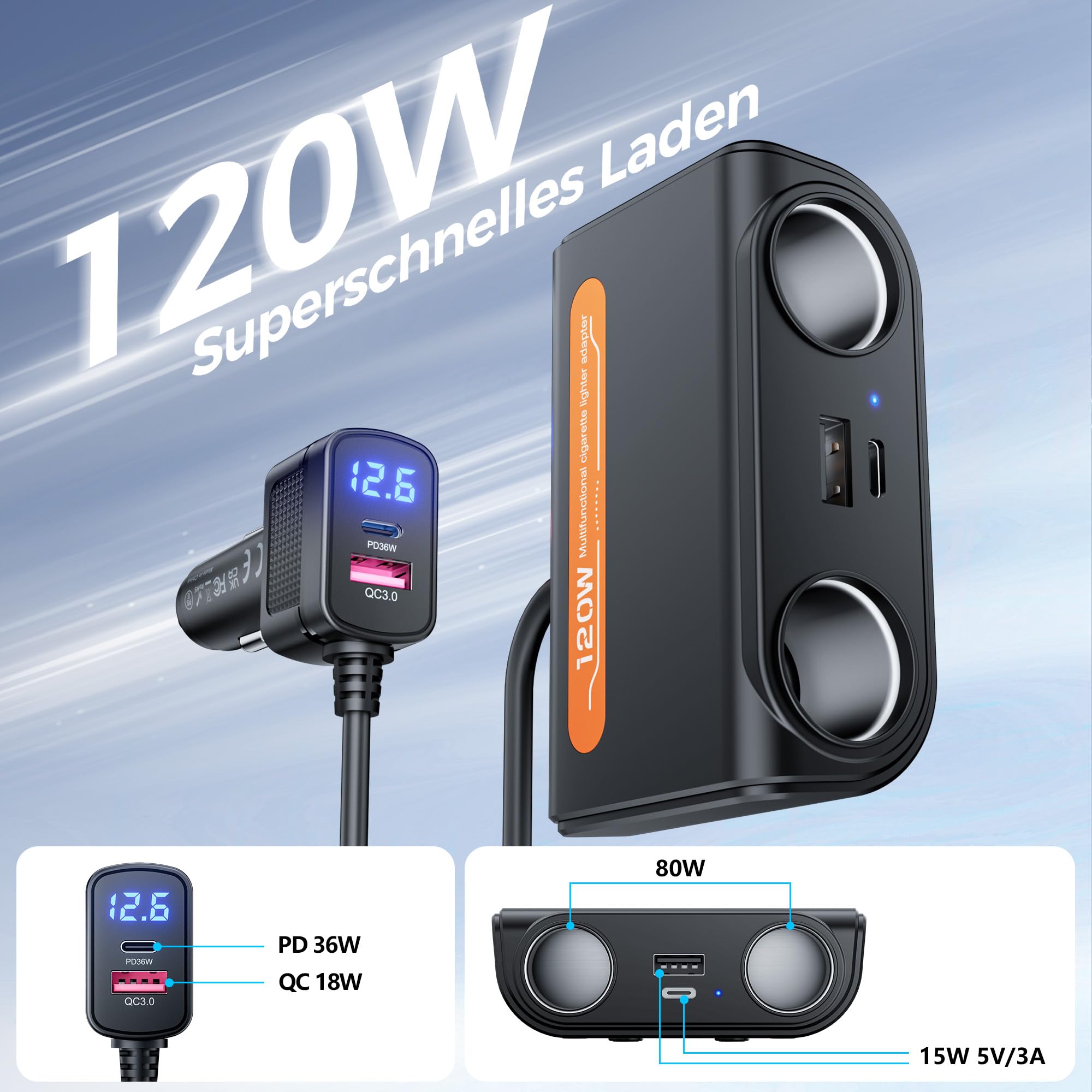 SOARUN 120W Auto Ladegerät,12V/24V KFZ Zigarettenanzünder Verteiler 6 in 1 3