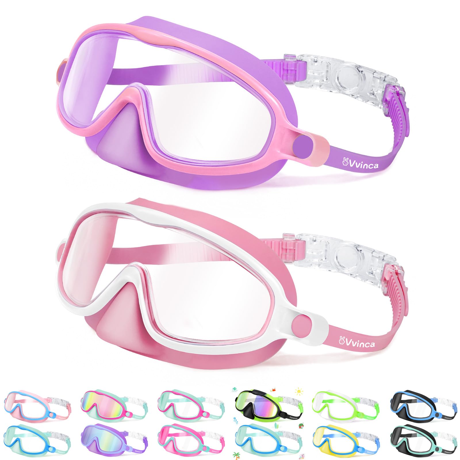 Photo 1 of Vvinca 2 Pcs Kids-Swim-Goggles with Nose Cover, Swimming Diving Mask Wide View Anti Fog UV Anti Shattered Lens for Kids 3-5