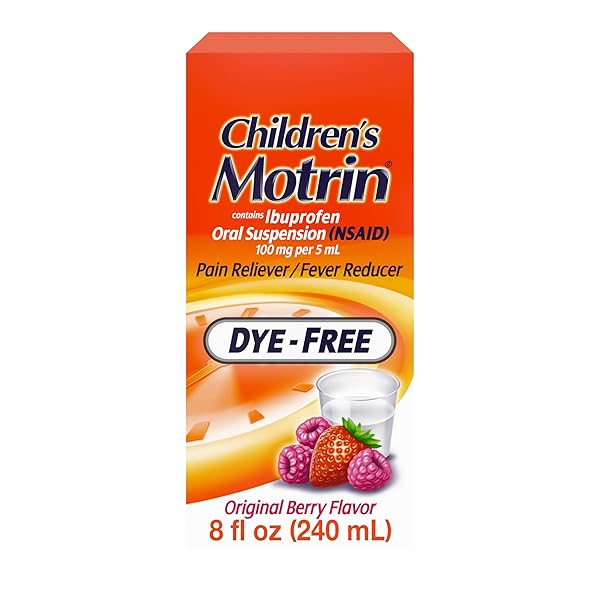CHILDREN’S MOTRIN ORAL SUSPENSION 100MG IBUPROFEN MEDICINE, NSAID FEVER REDUCER & PAIN RELIEVER FOR MINOR ACHES & PAINS DUE TO COLD & FLU, DYE FREE, ALCOHOL-FREE, BERRY FLAVORED, 8 FL. OZ