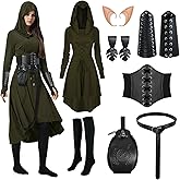 HODBLKT 8 Pcs Women Renaissance Fairy Costume Medieval Elf Dress with Faux Leather Arm Pouch Belt for Halloween
