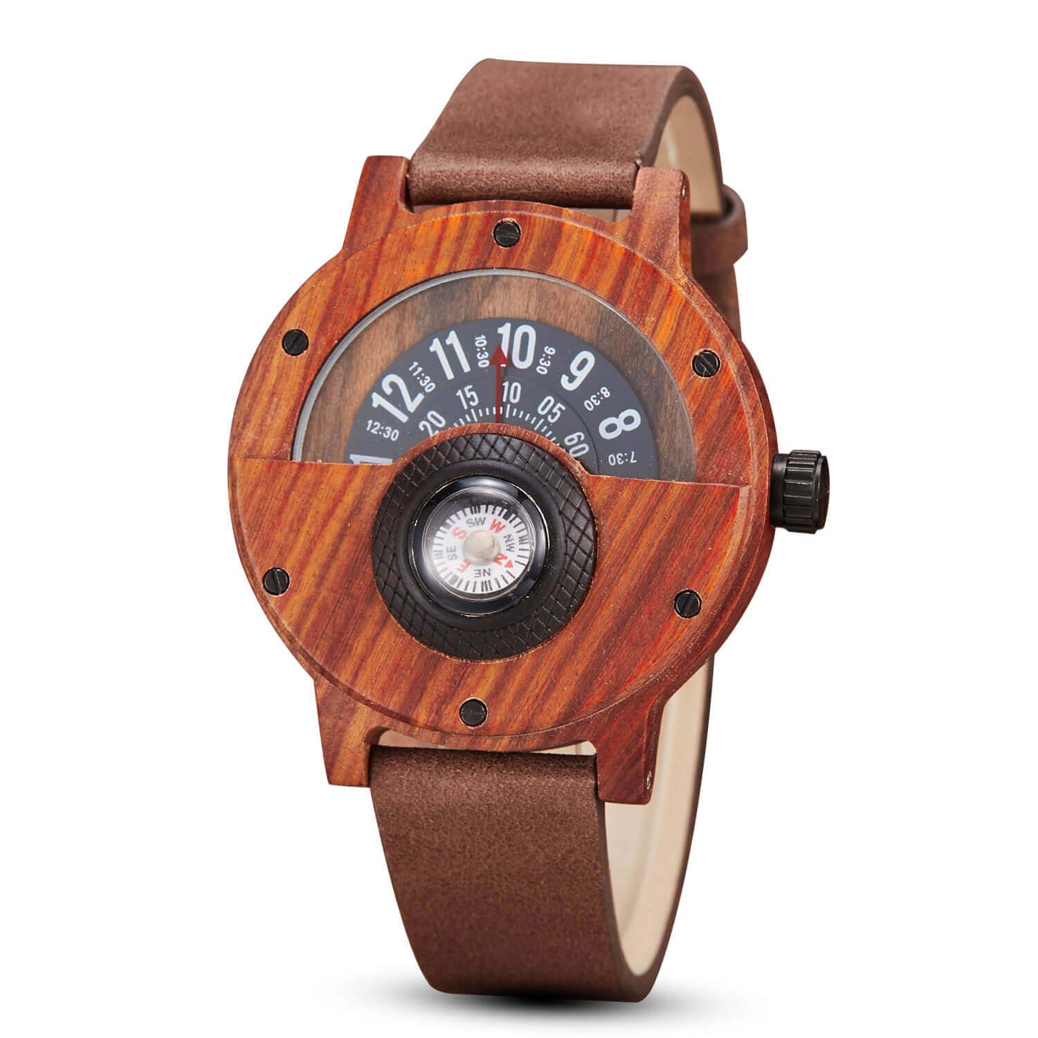 GORBEN Men's Natural Wood Quartz Watch with Compass Handmade Lightweight Watch with Gift Box, Gorben146, Strap