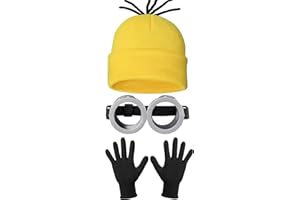 DuyaJoinX 3 Pcs Halloween Costume Accessories Adult, Vintage Goggoles Eyewear Glasses/Yellow Beanie Knit Hat/Black Gloves for Kids Men Women Cosplay Party Set