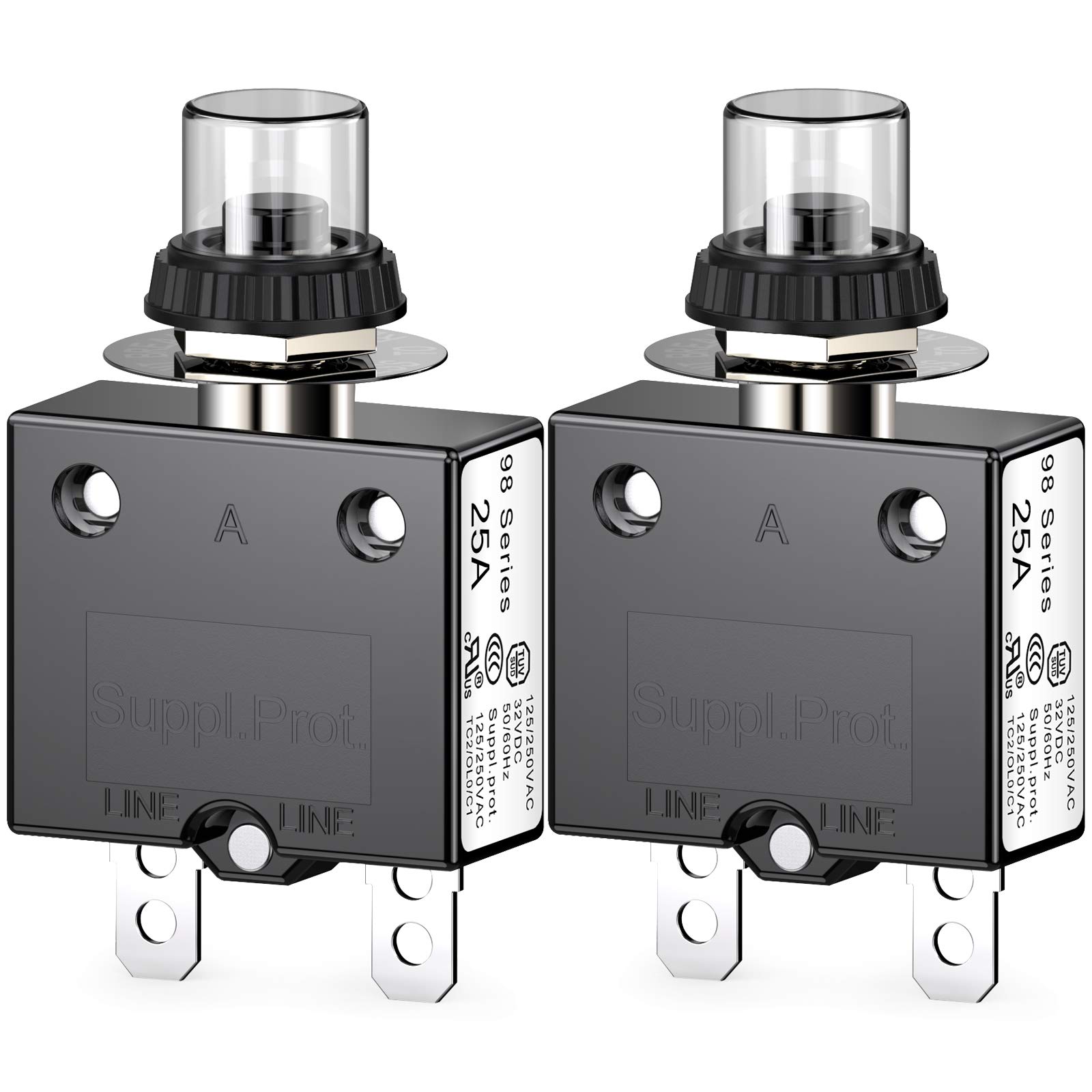 CLDIY Thermal Circuit Breaker 98 Series 25A 125/250VAC Push Button Reset for Circuit Breaker with Quick Connect Terminals and Waterproof Button Cover 32VDC Pack of 2