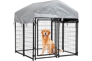 DOPINMIN Dog Kennel Outdoor for Large Dog Heavy Duty Dog Fence Cage 4 X 4 X 4.3ft Metal Welded Wire Dog Pen with UV-Resistant Waterproof Roof