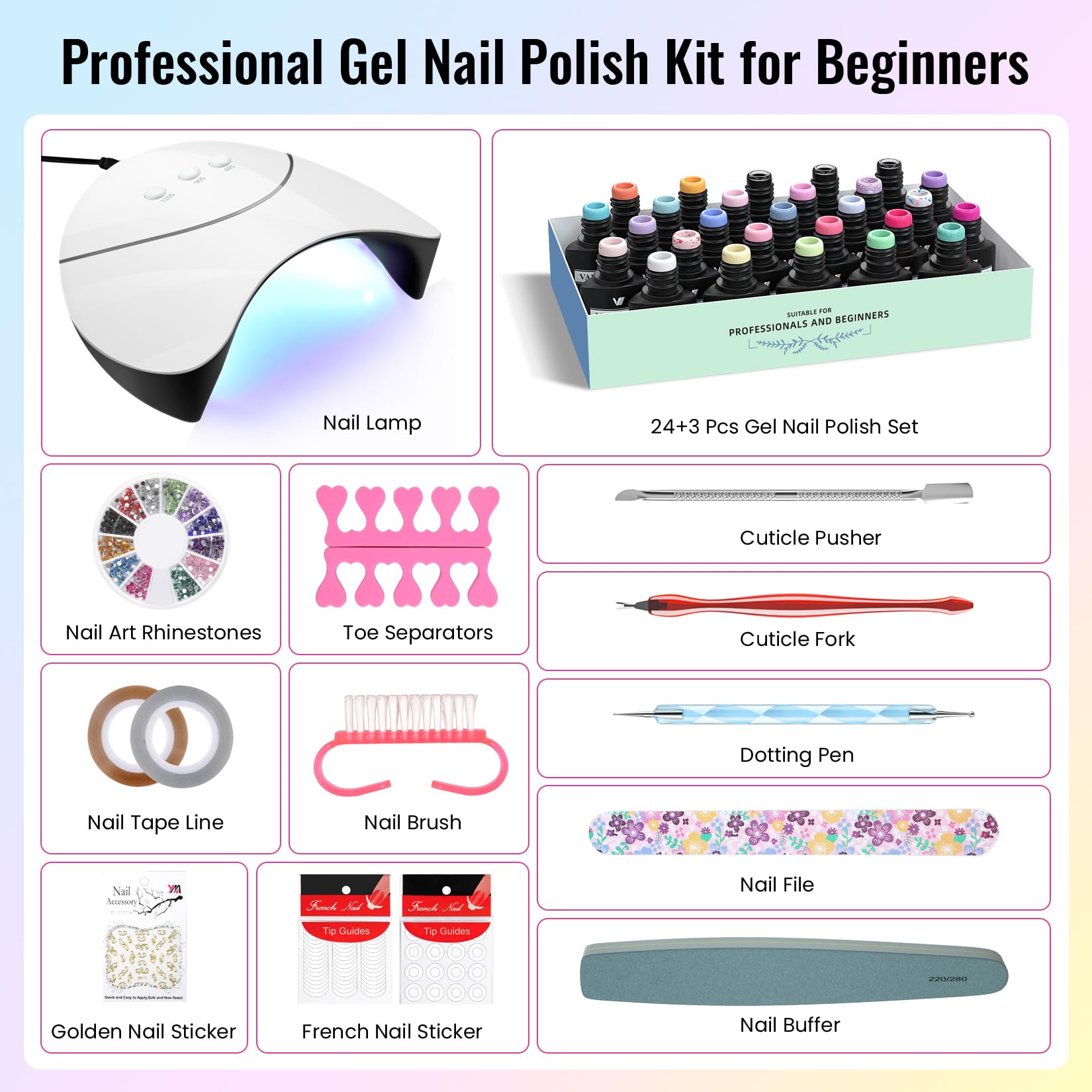 VANREESA 42 Pcs Gel Nail Polish Kit with U V Light 24 Popular Colors Gel Polish Nail Kit Green Blue Purple Pink Orange Complete Nail Kit with Manicure Tools Gifts for Women Girls - Image 6