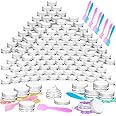 MotBach 100 Pcs 3g Empty Plastic Containers with White Lids,Tiny Makeup Sample Containers, Small Pot Jars Clear Round Cosmetic Jars with 20 Pcs Mini Spatulas for Liquid Sample Powder Creams