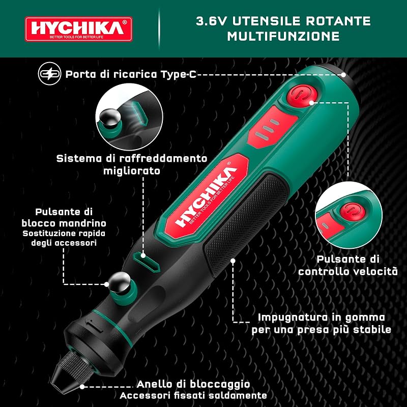 HYCHIKA Mini Trapano,3.6V Utensile Rotante Multifunzione con 89 Accessori per Foratura,Levigatura,Lucidatura,Incisione,Mini Trapano con velocità regolabile e ricarica USB-C,Ideale per piccoli DIY.