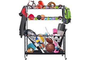 Oududianzi Sports Ball Storage, Garage Sports Equipment Organizer, Ball Holder with 2 Long Baskets, 2 Ball Cart and 4 Hooks, Rolling Ball Cart for Sports and Fitness Equipment