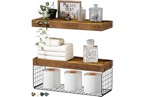 QEEIG Bathroom Shelves Over Toilet - Wall Mounted Floating Shelves Farmhouse Shelf Toilet Paper Storage Small 16 inch Set of 2, Rustic Brown (019-BN2)
