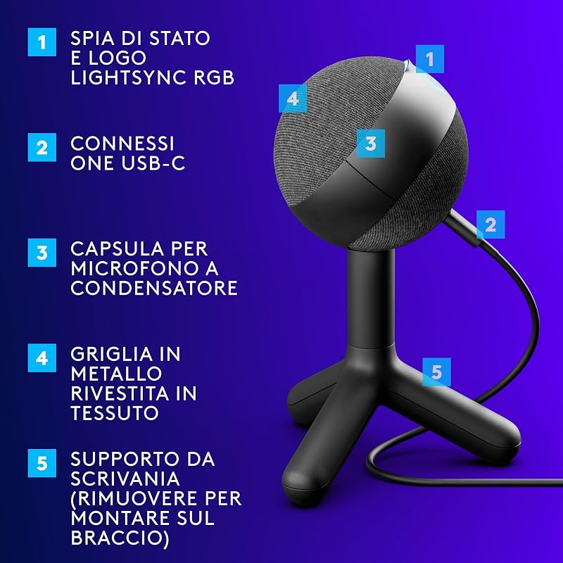 Yeti Orb Microfono a condensatore RGB per gaming con LIGHTSYNC