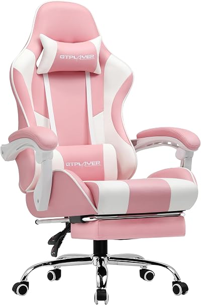 GTPLAYER Gaming Chair Massage Ergonomic with Footrest Pink 360° Swivel