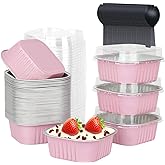 LNYZQUS 10oz Mini Cake Pans With Lids 40 Pack, Aluminum Foil Square Brownie Baking Cups,Disposable 4”x4” Large Cupcake Pan,Jumbo Muffin Tin Ramekins Holders-Pink