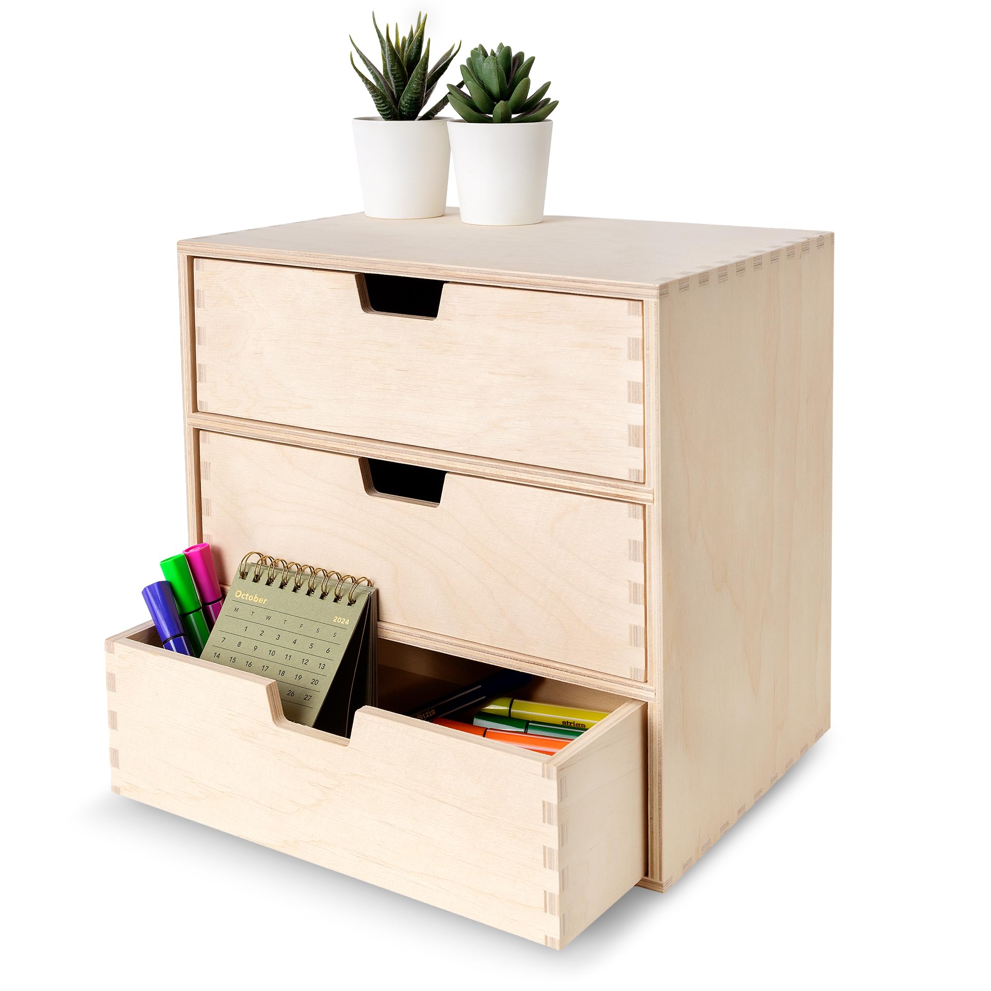 Creative Deco Mini Wooden Chest of Drawers | 28.5x20x28.5cm | 3 Compartments | Organiser for Paper Work Documents | Plain Stationary Organiser for Office Accessories | Large Storage Box with Drawer