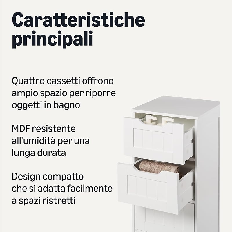 Mobile da Bagno con 4 Cassetti, Mobile Sottolavabo, Struttura in MDF, Bianco, 30cm x 30cm x 82cm — foto 3 di 5