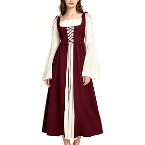 itsjake Renaissance Costume Women Medieval Fairy Dress with Bell Sleeve | Integrated 2 pics Maxi Dresses,Adjustable Lacing,Dr