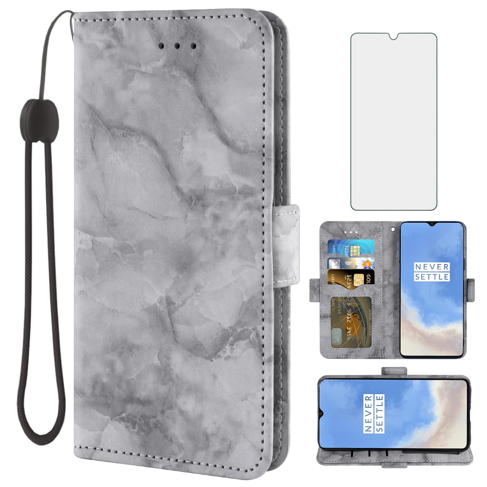 Asuwish Phone Case for OnePlus 7T with Tempered Glass Screen Protector and Marble Wallet Flip Card Holder Slot Stand Cell Accessories OnePlus7t 5G One Plus7T 1 Plus T7 1plus + 1+ 1+7T Women Men Black