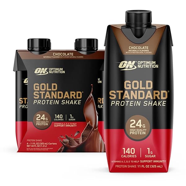 OPTIMUM NUTRITION GOLD STANDARD PROTEIN SHAKE, 24G PROTEIN, READY TO DRINK PROTEIN SHAKE, GLUTEN FREE, VITAMIN C FOR IMMUNE SUPPORT, CHOCOLATE, 11 FL OZ, PACK OF 4 (PACKAGING MAY VARY)