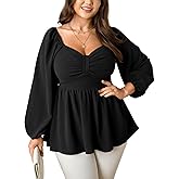 SCOMCHIC Women's Plus Size Blouses Long Sleeve Sweetheart Neckline Babydoll Ruffle Peplum Smocked Cute Casual Fall Tops