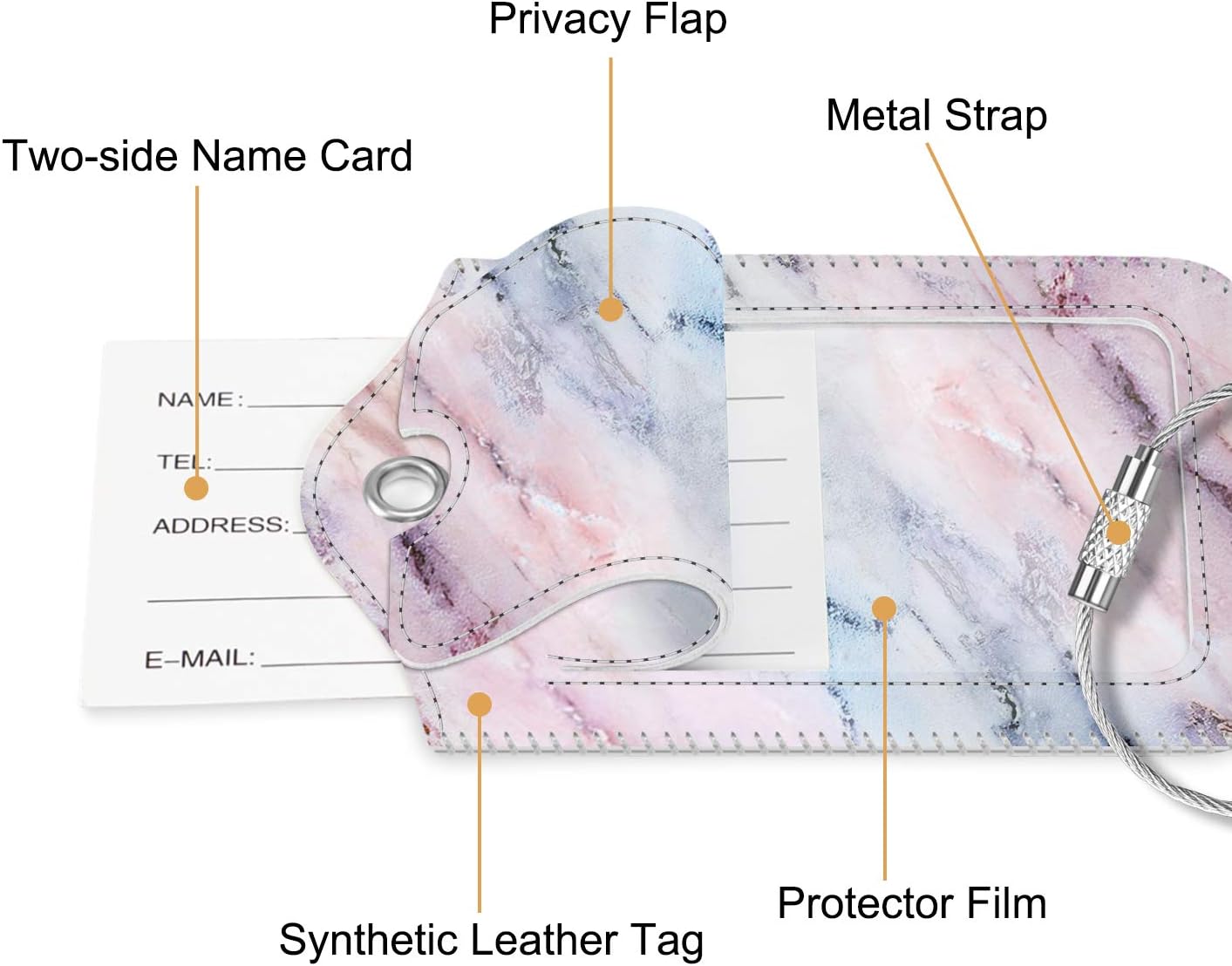  | 2 Pcs Luggage Tags, Fintie Privacy Cover ID Label with Stainless Steel Loop and Address Card for Travel Bag SuitcaseMarble Pink) | Luggage Tags