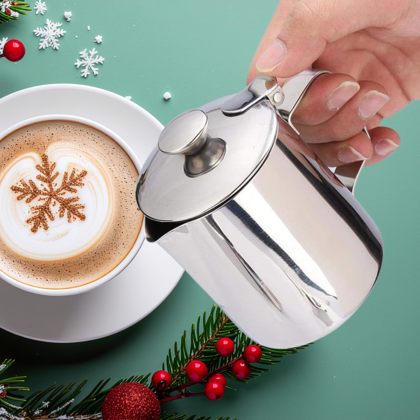 Jadeshay Milk Jug,350ML Milk Pitcher Frothing Cup Coffee Cup Milk Frothing Pitcher Jug with Lid,Stainless Steel Milk Cup Mug for Latte Coffee Art Cappuccino Home Kitchen Office