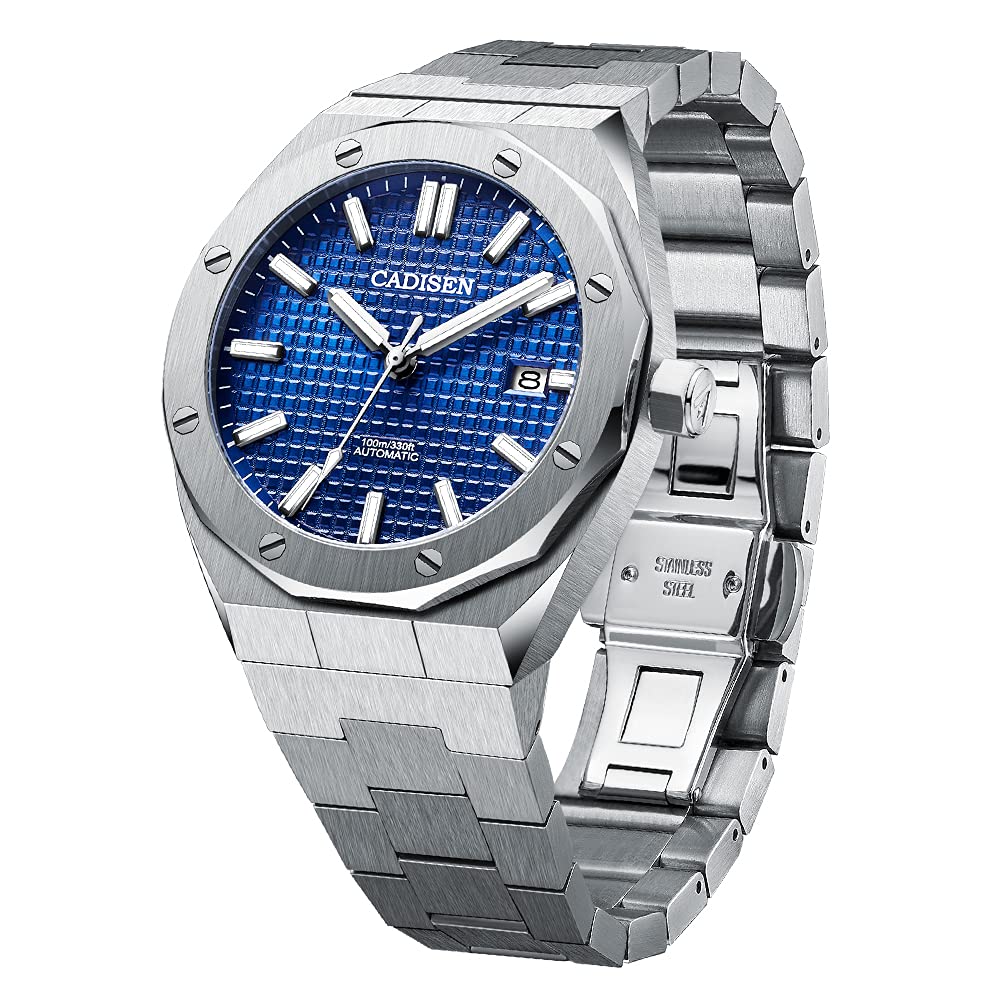 CADISEN Automatic Men's Watch Sapphire Glass 100 m Waterproof, Blue grid, 42MM
