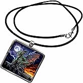 3dRose Dark, Gargoyle, Illustration - Gargoyle Sitting on a Pedestal Lighting and The Moon - Necklace with Rectangle Pendant (ncl_252444)