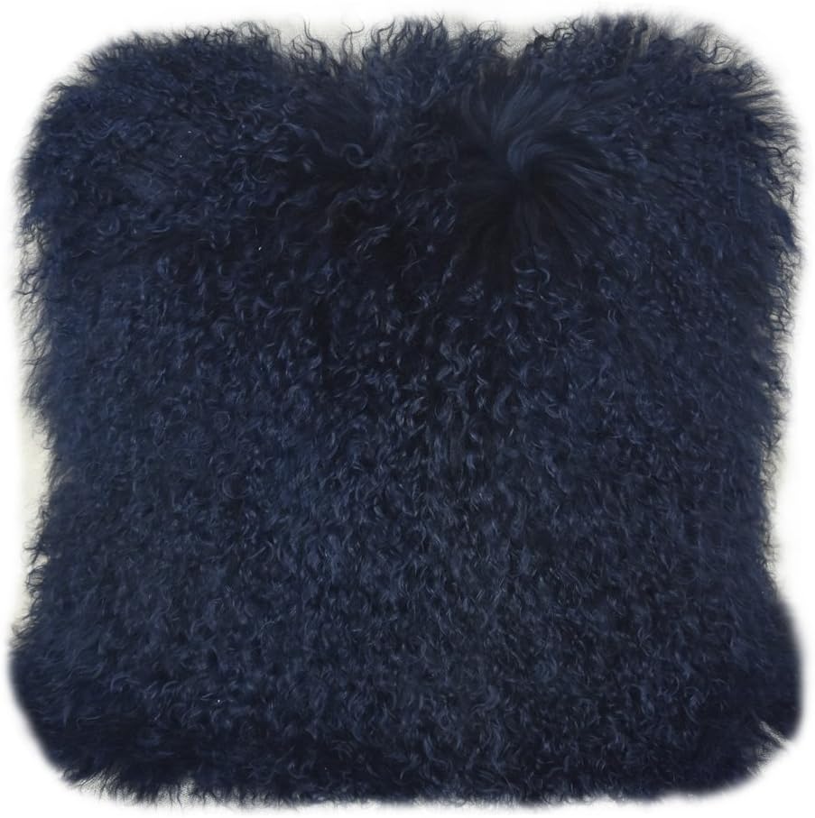 Lichao Real Mongolian Lamb Fur Pillow Case Luxurious Sheep Skin Wool Cushion Cover Super Soft Plush Throw Cover 16X16Inch Pillow Cover (Dark Navy Blue,NOT Black Color)