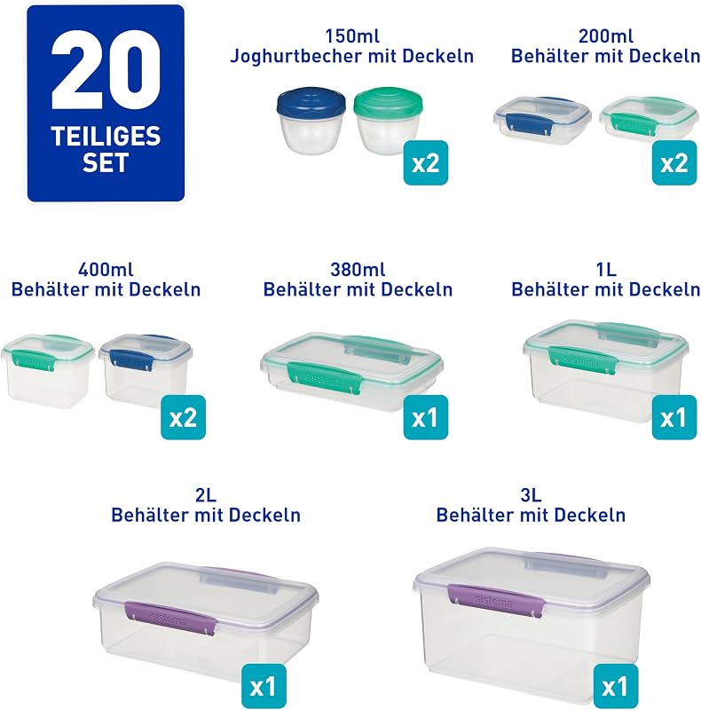 Frischhaltedosen für Lebensmittel | Meal Prep-Behälter mit DeckelnLunchboxenSnackdosen & mehr | Stapelbar & Luftdicht | 20 Stück