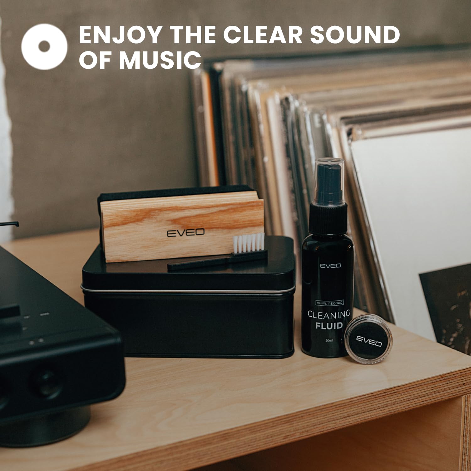 EVEO Vinyl Record Cleaning Kit - 4-in-1 Premium Vinyl Record Cleaner & Vinyl Cleaning Kit with Velvet Brush, Vinyl Cleaner Liquid, Duster & Turntable Stylus Gel