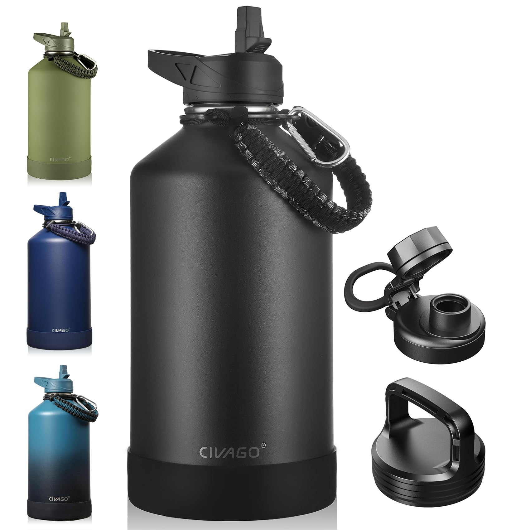 CIVAGO Gallon Insulated Stainless Steel Water Bottle With Straw and 3 Lids