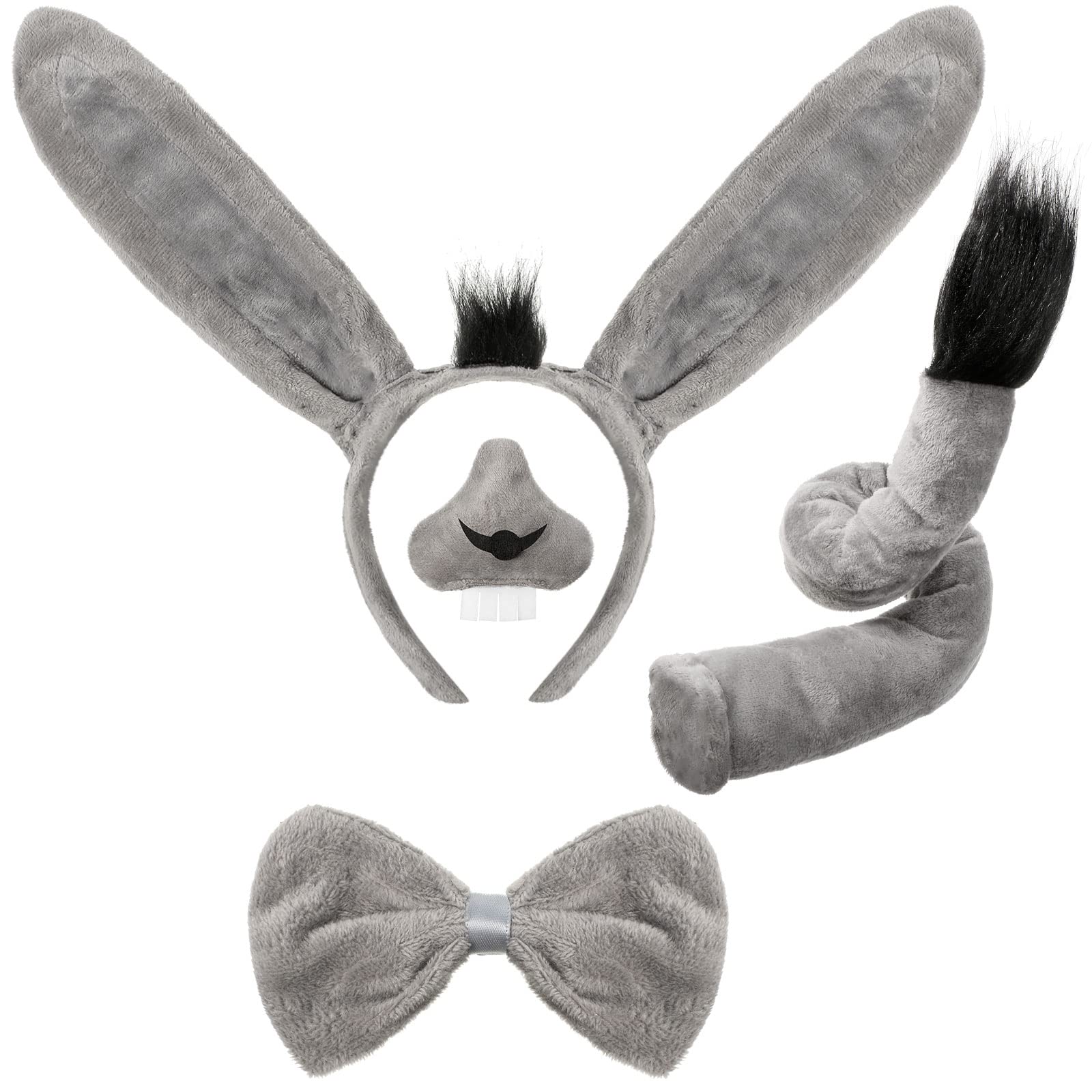 Aoriher 4 Pcs Donkey Costume Read Across America Day Animal Ear Headband Nose Tail Bowtie Accessories for Adult Party Supply(Gray)