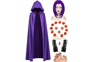ABONDEVER Halloween Costumes for Women, Purple Cape, Anime Cosplay Hooded Cloak, Purple Anime Wig, Adjustable Red Stones Waist Belt, Faux Leather Gloves, Womens Anime Costumes Props Set