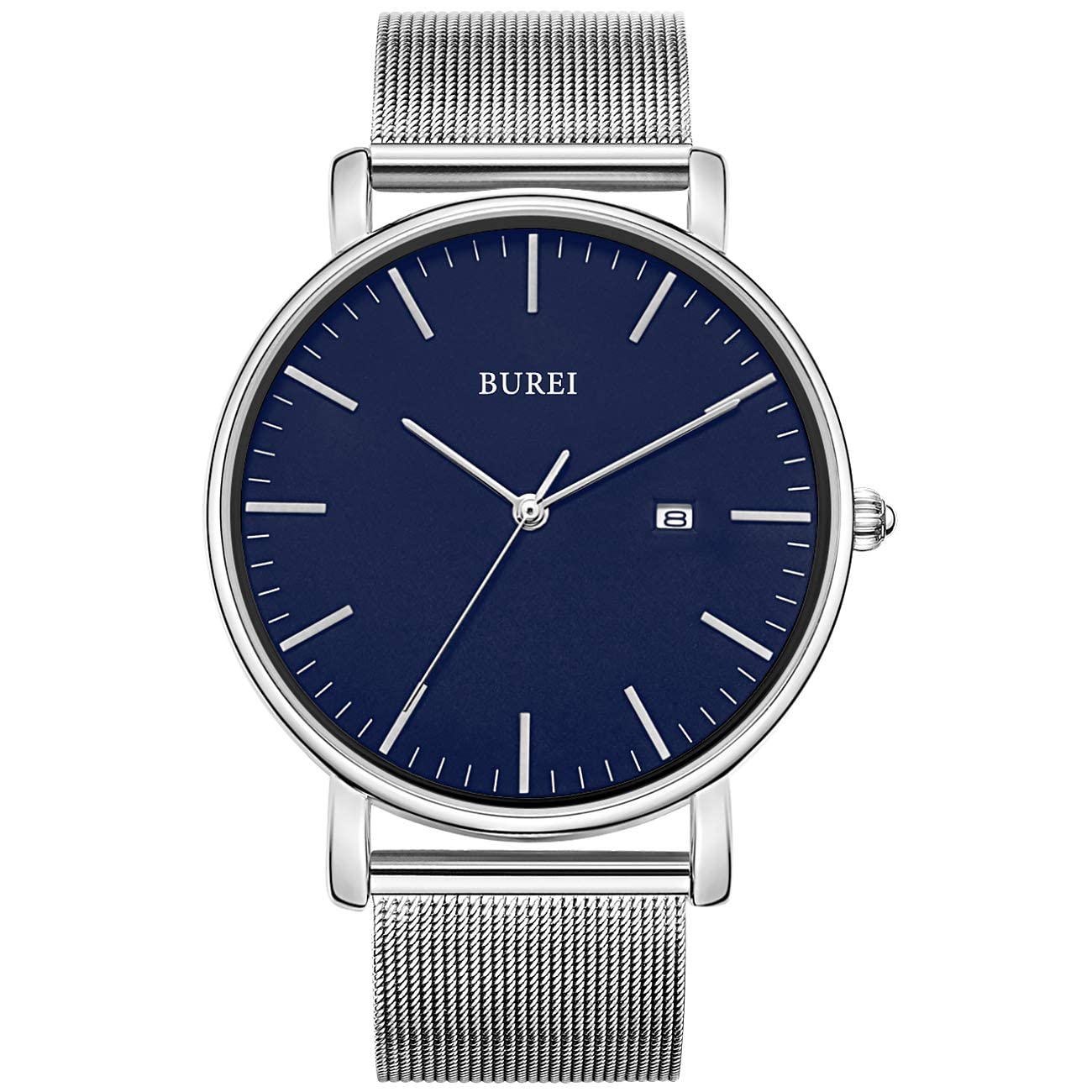 BUREI Men's Watches, Classic Analogue Dial with Date Japanese Quartz and Ultra-Thin Stainless Steel Mesh Band (Silver Blue, Stainless Steel)