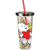 Spoontiques - Glitter Filled Acrylic Tumbler - Glitter Cup with Straw - 20 oz - Stainless Steel Locking Lid with Straw - Double Wall Insulated - BPA Free - Snoopy Drinking Cup