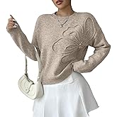 Women's 3D Floral Appliques Crewneck Sweaters Long Sleeve Drop Shoulder Pullovers Elegant Knit Tops